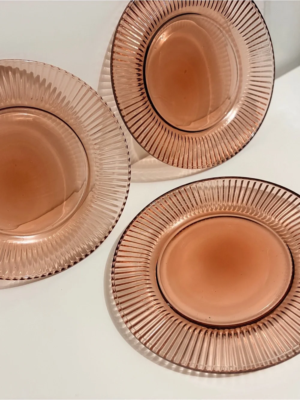 Anchor Hocking Rose Pink Ribbed Glass Dinner Plates - Set of 3